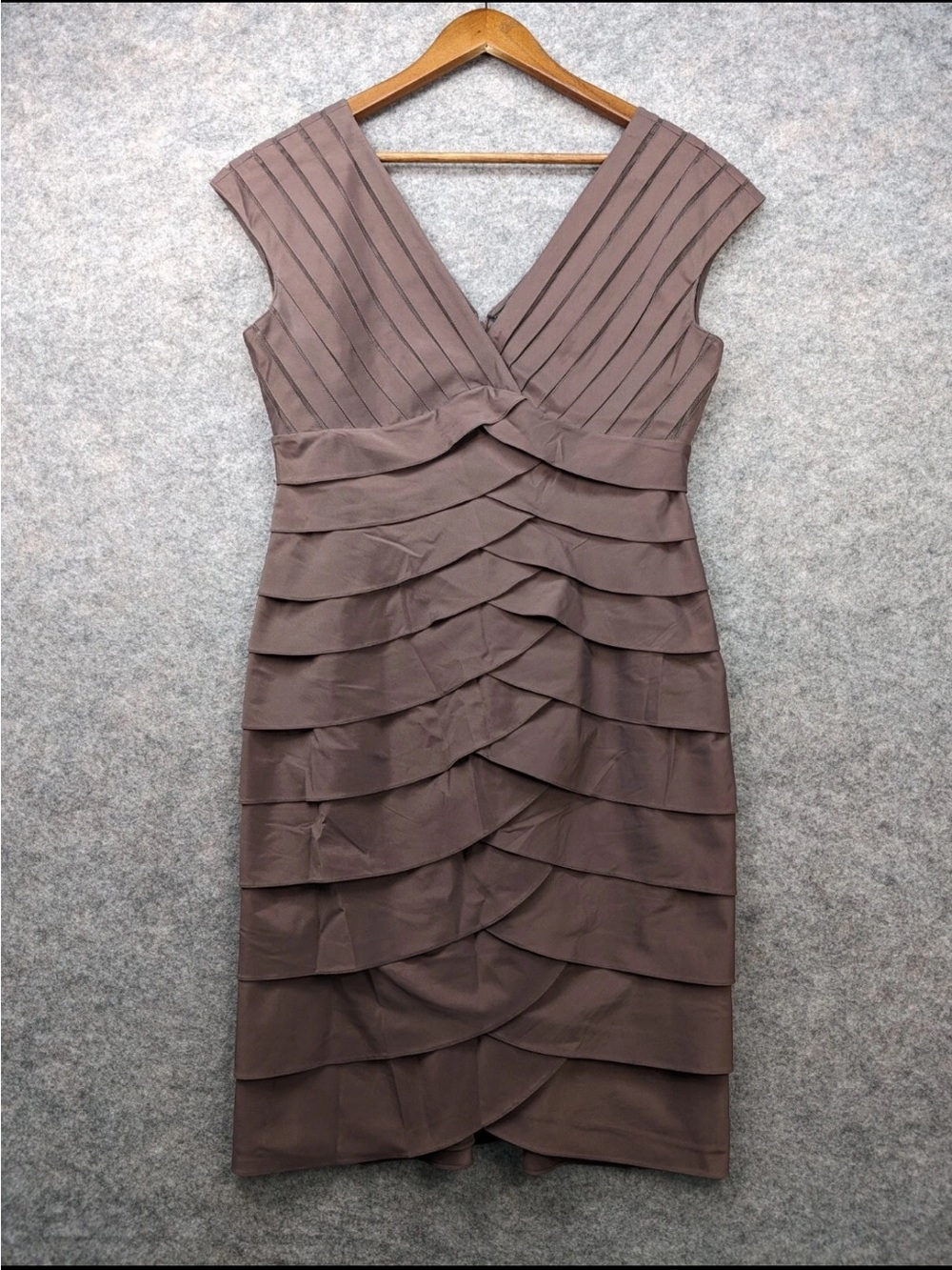 Adrianna Papell Taupe Layered V-Neck Midi Dress